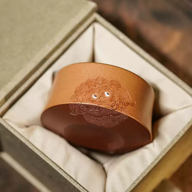 Handcrafted Yixing Zisha Purple Clay Gongfu Tea Tasting Cup With Hand Carved Lion Motif 120ml