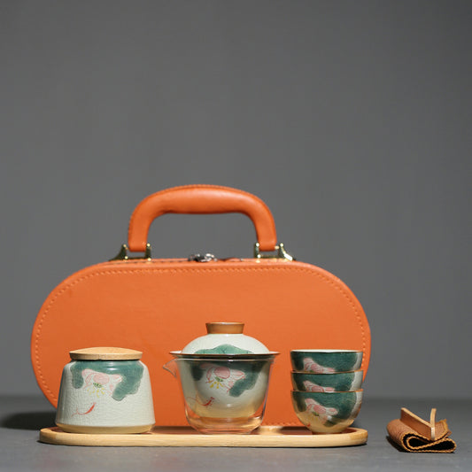 Celadon Lotus Travel Tea Set – Hand-Painted Ice Crack Glaze Porcelain, 7-Piece Portable Chinese Gongfu Teaware with Carrying Case