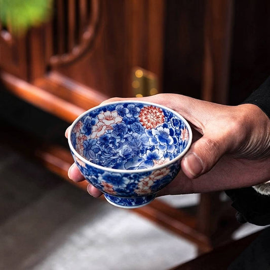 Hand Painted Blue and Red Floral Porcelain Gongfu Tea Cup 120ml