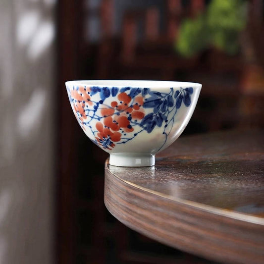 Hand Painted Purple Qi Donglai Blue and White Porcelain Tea Cup from Jingdezhen