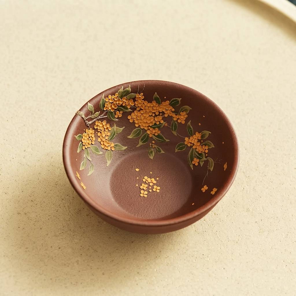 Hand-Painted Yixing Zisha Clay Teacup Gold Osmanthus Design 110ml