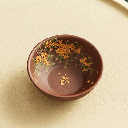 Hand-Painted Yixing Zisha Clay Teacup Gold Osmanthus Design 110ml