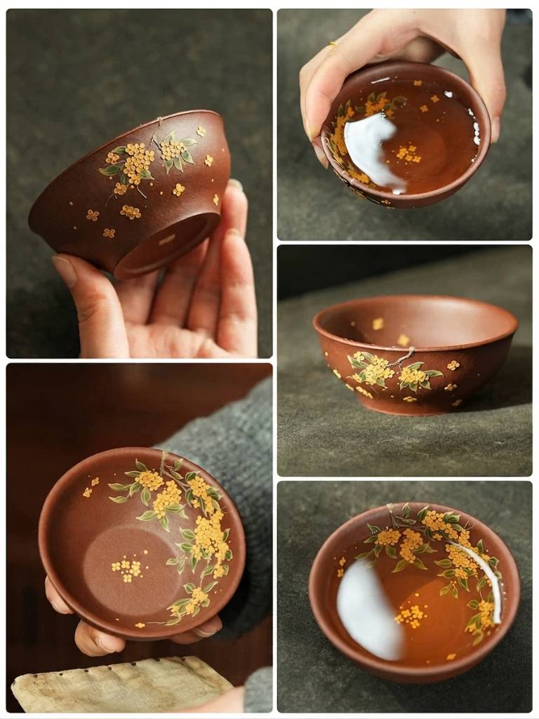 Hand-Painted Yixing Zisha Clay Teacup Gold Osmanthus Design 110ml