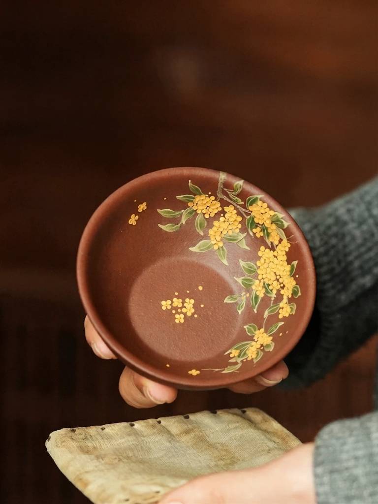 Hand-Painted Yixing Zisha Clay Teacup Gold Osmanthus Design 110ml