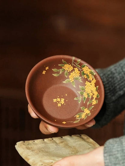 Hand-Painted Yixing Zisha Clay Teacup Gold Osmanthus Design 110ml