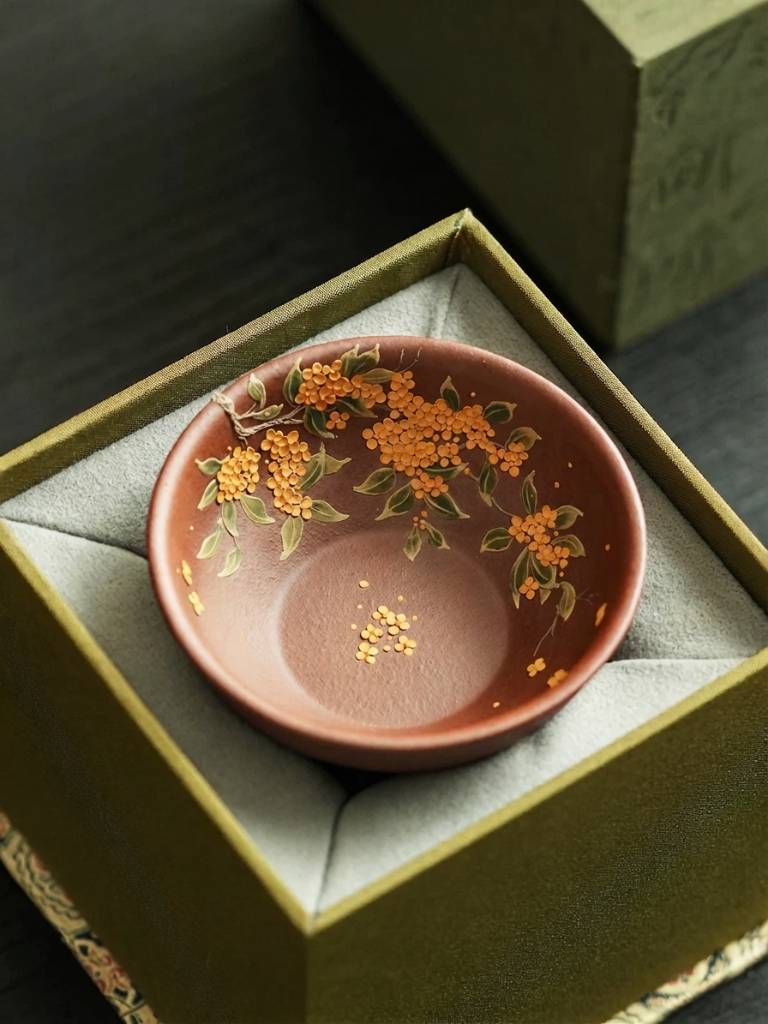 Hand-Painted Yixing Zisha Clay Teacup Gold Osmanthus Design 110ml