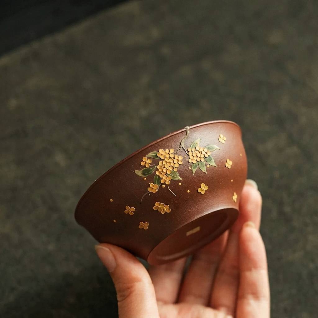 Hand-Painted Yixing Zisha Clay Teacup Gold Osmanthus Design 110ml