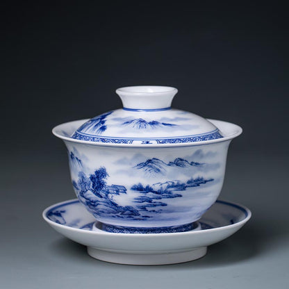 Hand-Painted Blue and White Landscape Jingdezhen Porcelain Tea Bowl - 260ml