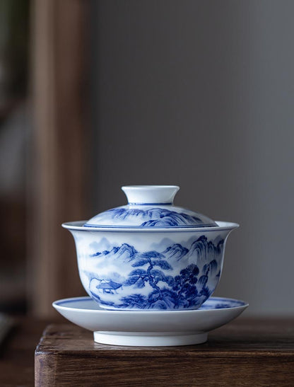 Hand-Painted Blue and White Landscape Jingdezhen Porcelain Tea Bowl - 260ml