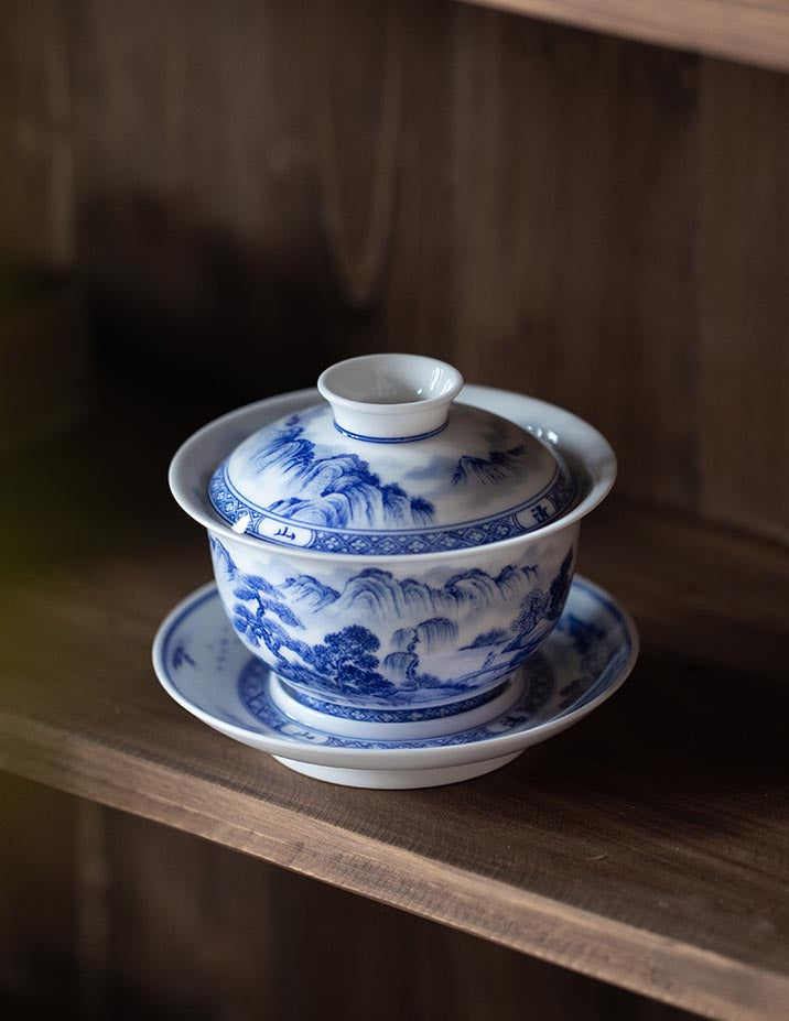 Hand-Painted Blue and White Landscape Jingdezhen Porcelain Tea Bowl - 260ml