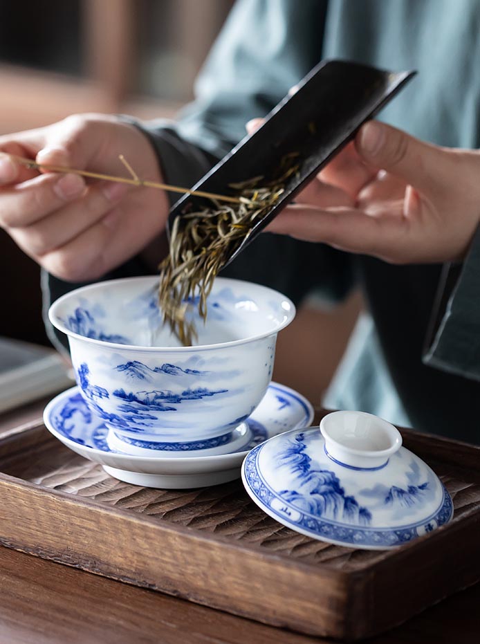 Hand-Painted Blue and White Landscape Jingdezhen Porcelain Tea Bowl - 260ml