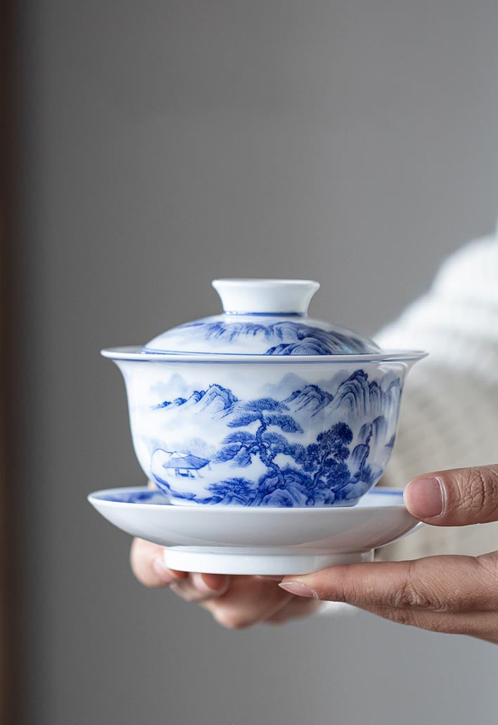 Hand-Painted Blue and White Landscape Jingdezhen Porcelain Tea Bowl - 260ml