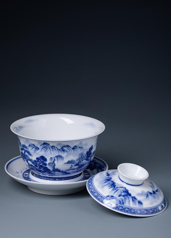 Hand-Painted Blue and White Landscape Jingdezhen Porcelain Tea Bowl - 260ml
