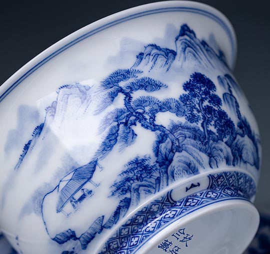 Hand-Painted Blue and White Landscape Jingdezhen Porcelain Tea Bowl - 260ml