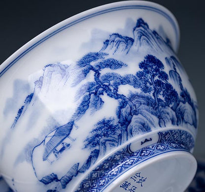 Hand-Painted Blue and White Landscape Jingdezhen Porcelain Tea Bowl - 260ml