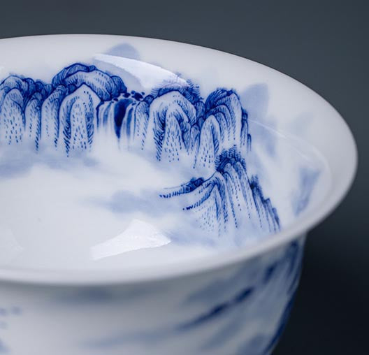 Hand-Painted Blue and White Landscape Jingdezhen Porcelain Tea Bowl - 260ml
