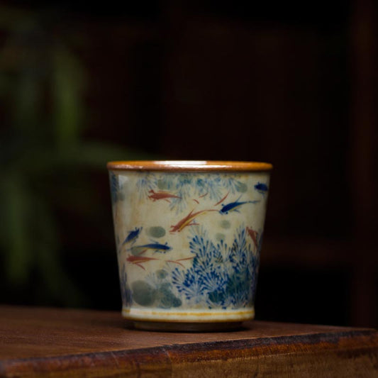 Hand-Painted Jingdezhen Porcelain Tea Cup - Blue and White Fish Under-Glazed