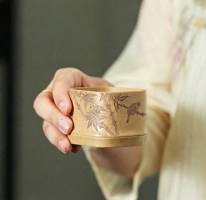 Handcrafted Yixing Duanni Clay Square Tea Cup with Bamboo and Bird Carving 130ml
