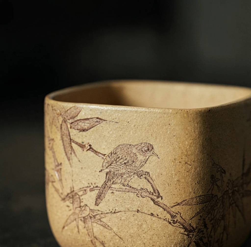 Handcrafted Yixing Duanni Clay Square Tea Cup with Bamboo and Bird Carving 130ml