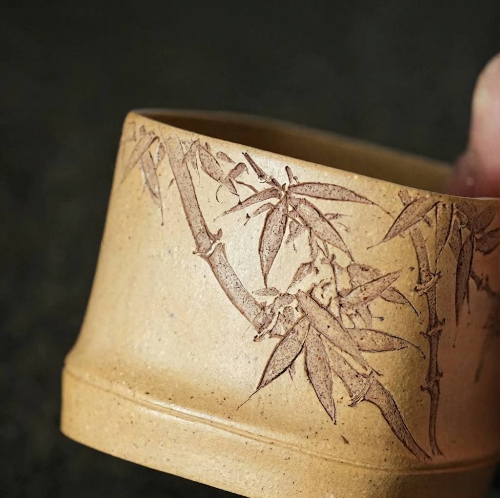 Handcrafted Yixing Duanni Clay Square Tea Cup with Bamboo and Bird Carving 130ml