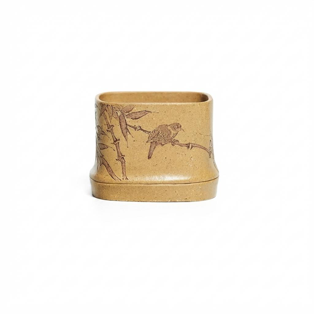Handcrafted Yixing Duanni Clay Square Tea Cup with Bamboo and Bird Carving 130ml
