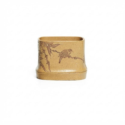 Handcrafted Yixing Duanni Clay Square Tea Cup with Bamboo and Bird Carving 130ml