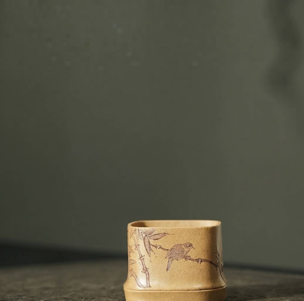 Handcrafted Yixing Duanni Clay Square Tea Cup with Bamboo and Bird Carving 130ml
