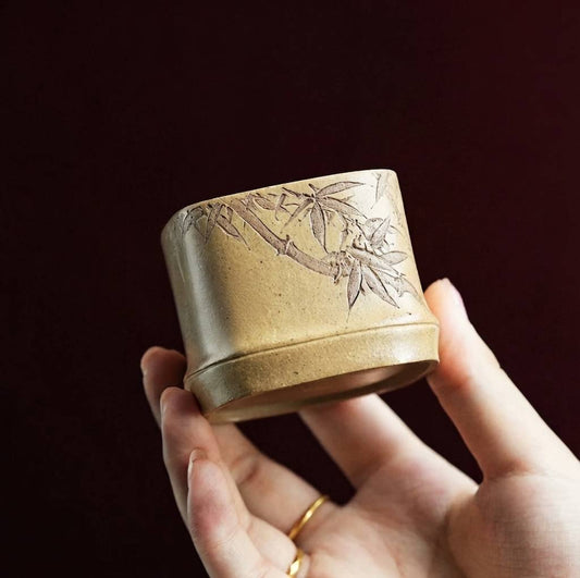 Handcrafted Yixing Duanni Clay Square Tea Cup with Bamboo and Bird Carving 130ml