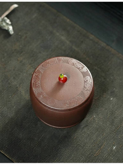 Handcrafted Yixing Zisha Small Tea Leaf Storage Jar with Engraved Design