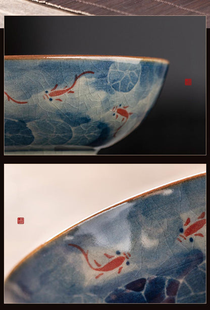 Handcrafted Jian Zhan Jingdezhen Porcelain Tea Cup with Blue & White Lotus Fish Design