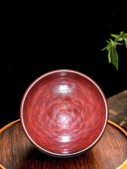 Echoes of Antiquity – Handcrafted Persimmon-Red Hammered Teacup in Song Dynasty Style