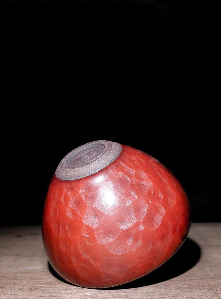 Echoes of Antiquity – Handcrafted Persimmon-Red Hammered Teacup in Song Dynasty Style