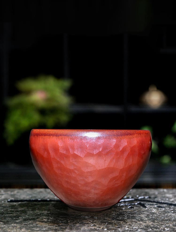 Echoes of Antiquity – Handcrafted Persimmon-Red Hammered Teacup in Song Dynasty Style