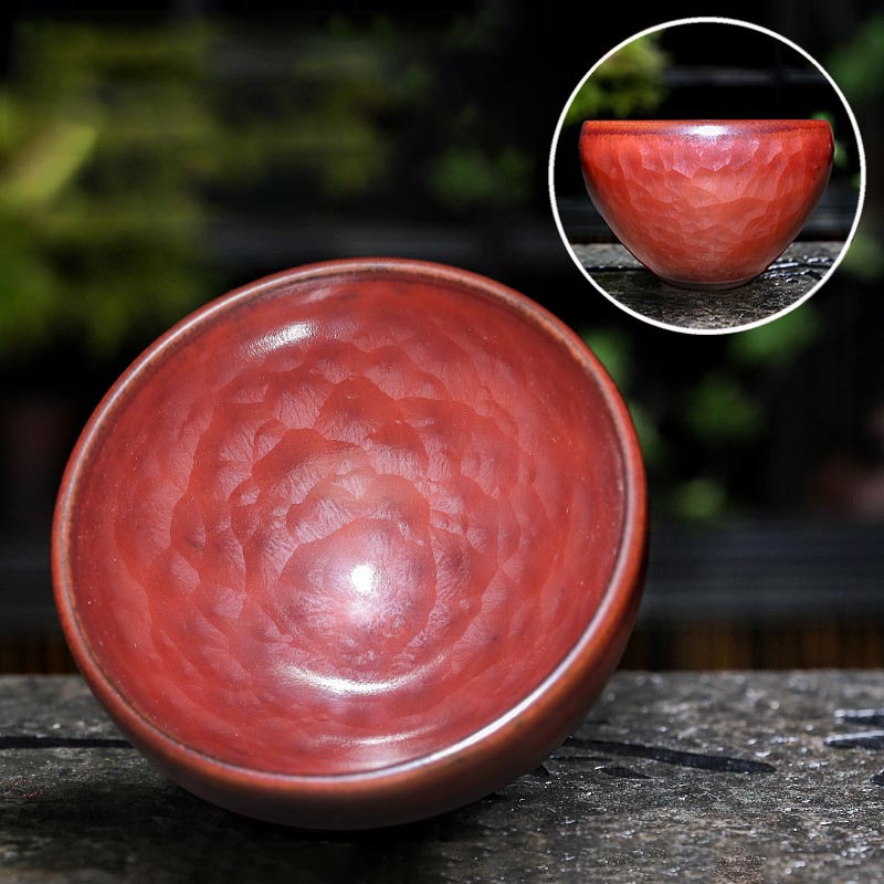 Echoes of Antiquity – Handcrafted Persimmon-Red Hammered Teacup in Song Dynasty Style