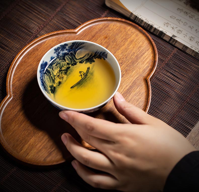 Handcrafted 'Gazing Over the River' Blue and White Porcelain Cup from Jingdezhen