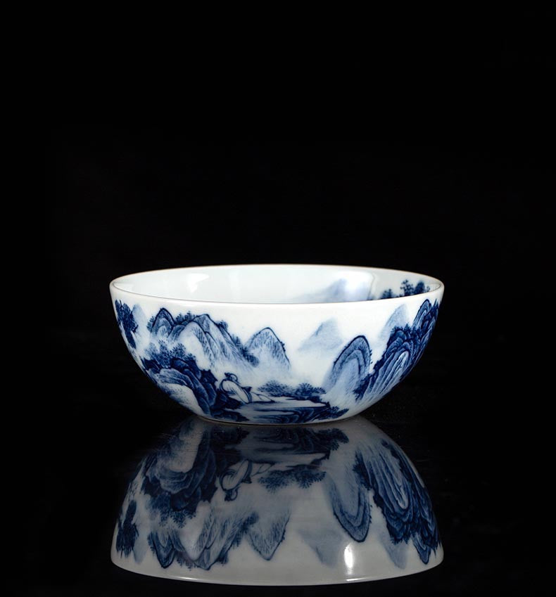 Handcrafted 'Gazing Over the River' Blue and White Porcelain Cup from Jingdezhen