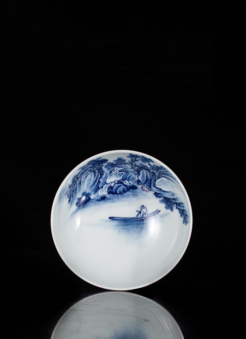 Handcrafted 'Gazing Over the River' Blue and White Porcelain Cup from Jingdezhen