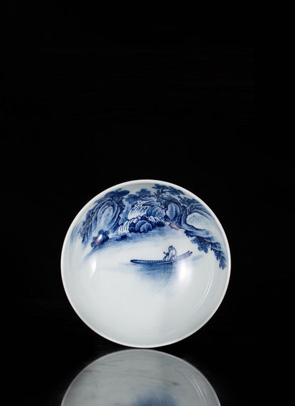 Handcrafted 'Gazing Over the River' Blue and White Porcelain Cup from Jingdezhen