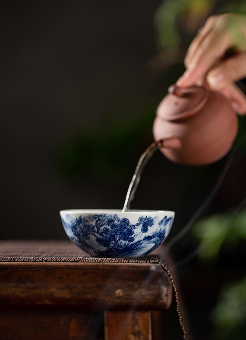 Handcrafted 'Gazing Over the River' Blue and White Porcelain Cup from Jingdezhen
