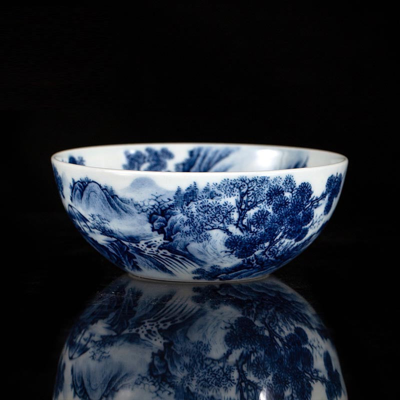 Handcrafted 'Gazing Over the River' Blue and White Porcelain Cup from Jingdezhen