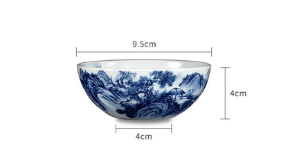 Handcrafted 'Gazing Over the River' Blue and White Porcelain Cup from Jingdezhen