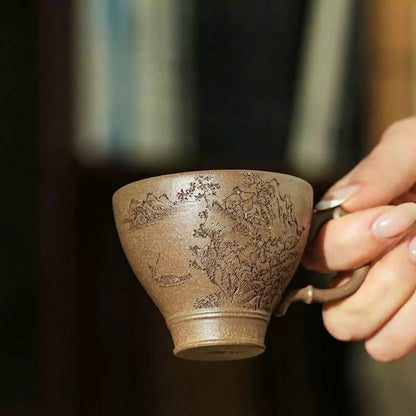 Handmade Yixing Duan Clay Gongfu Tea Cup with Autumn Handle 100ml