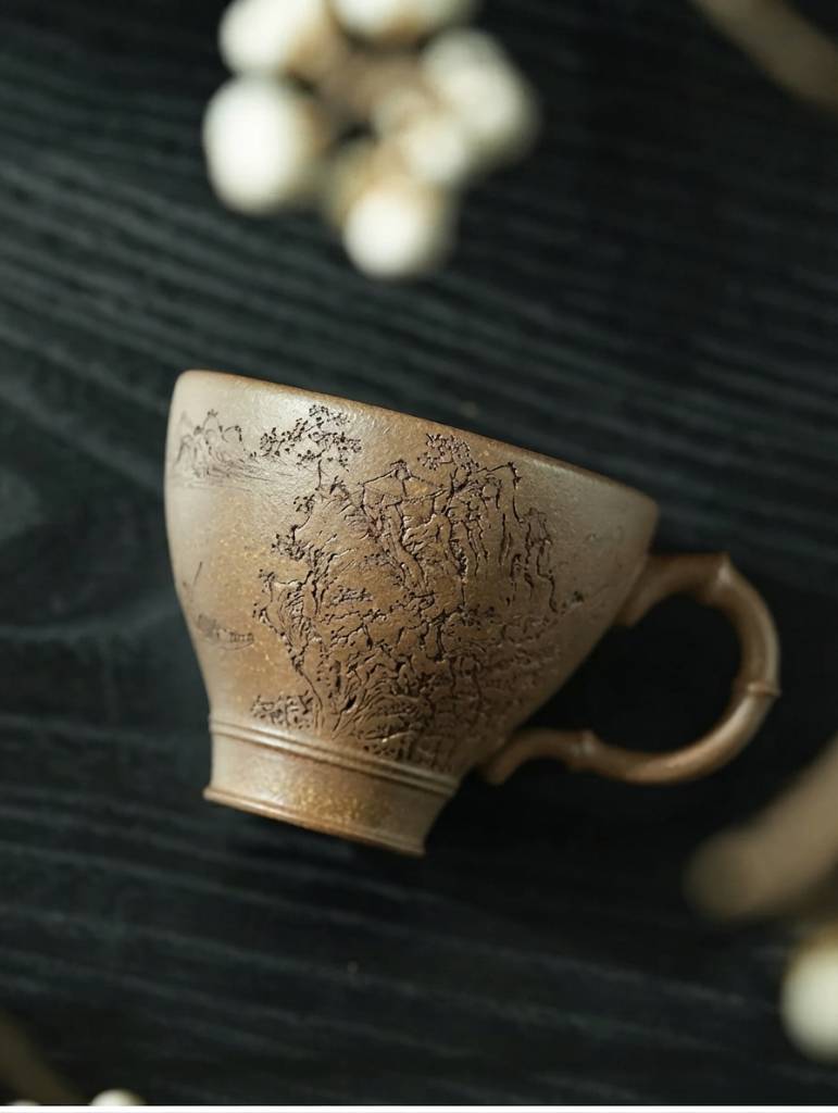 Handmade Yixing Duan Clay Gongfu Tea Cup with Autumn Handle 100ml