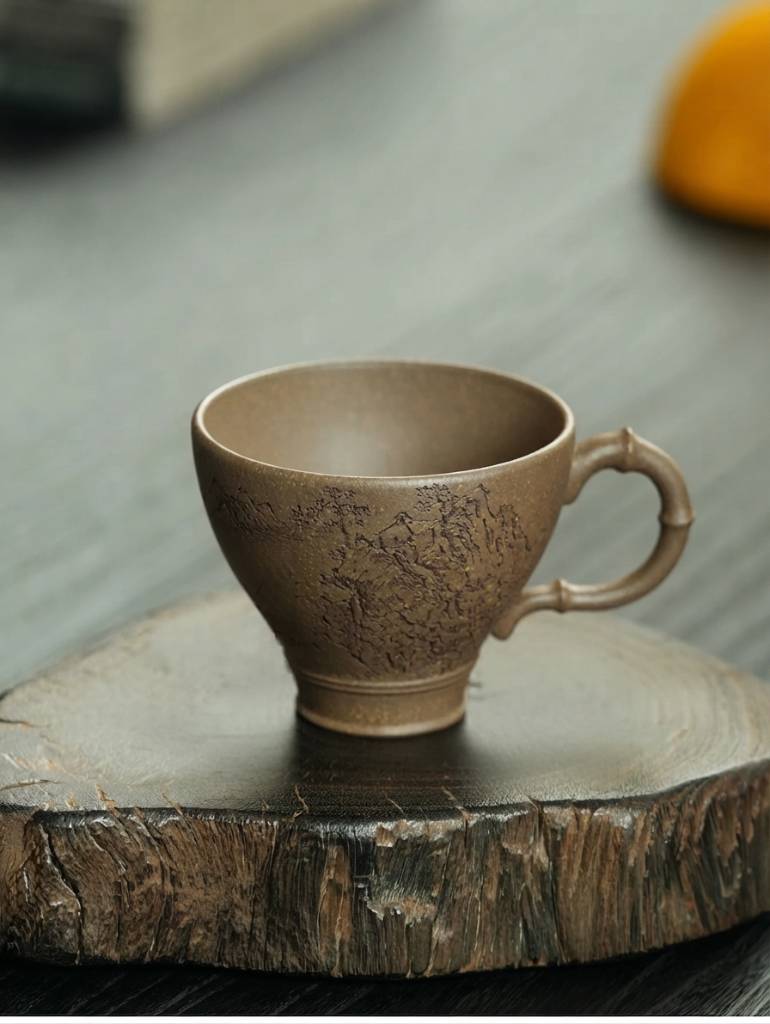 Handmade Yixing Duan Clay Gongfu Tea Cup with Autumn Handle 100ml