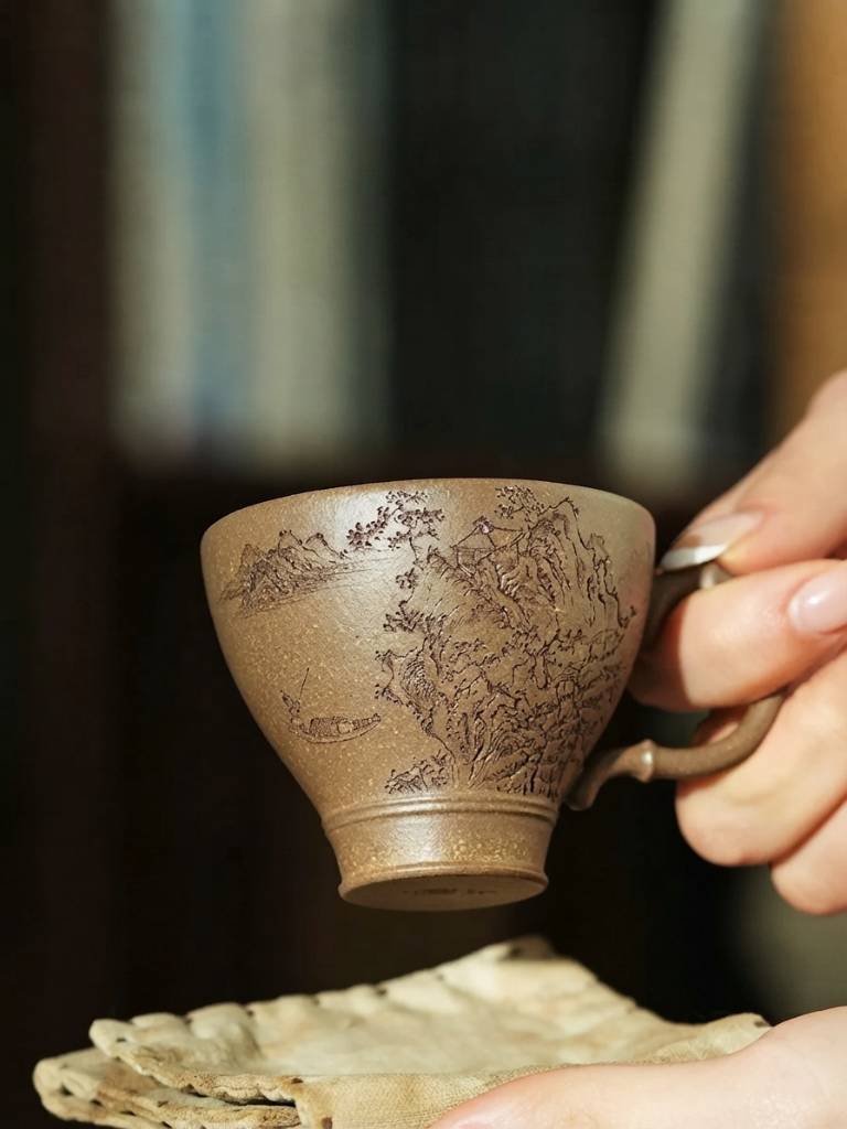 Handmade Yixing Duan Clay Gongfu Tea Cup with Autumn Handle 100ml