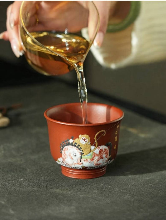 Handmade Yixing Zisha Purple Clay Tea Cup with Horse Year Hand-Painted Design 150ml
