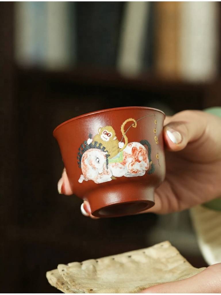 Handmade Yixing Zisha Purple Clay Tea Cup with Horse Year Hand-Painted Design 150ml