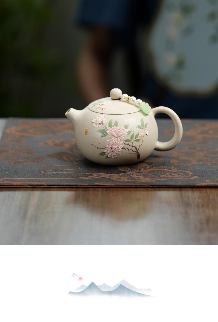 Ivory White Zisha Handmade Peony Xi Shi Teapot Set - 250cc