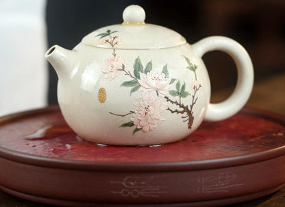 Ivory White Zisha Handmade Peony Xi Shi Teapot Set - 250cc