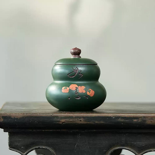 Handmade Small Yixing Zisha Gourd-Shaped Tea Storage Jar with Fitted Lid